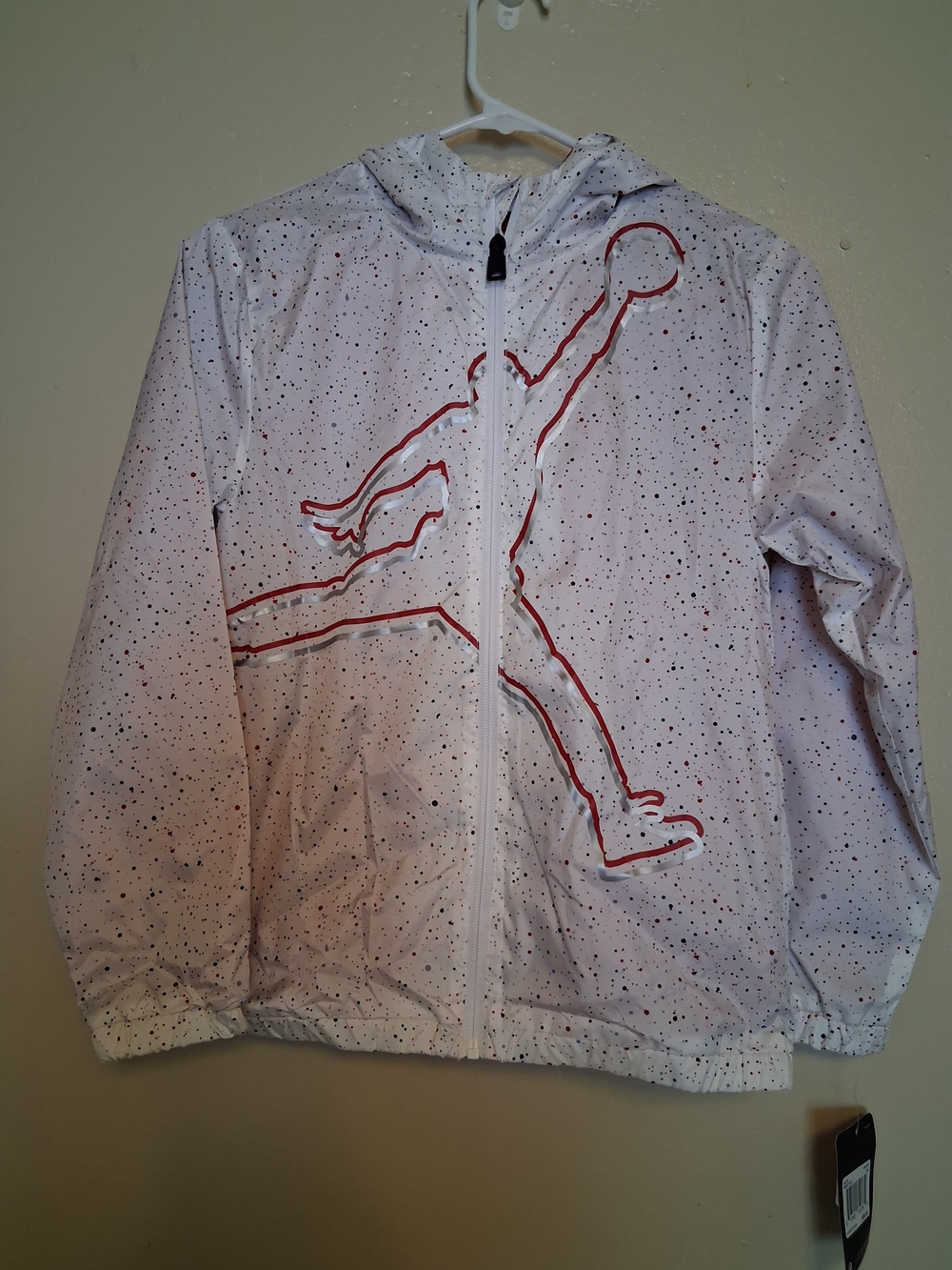 Jordan White Hooded Windbreaker with Red Jumpman Outline and Multicolor Speckle